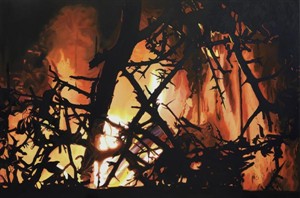 Artikelbild: Nahsichtigkeit und die Kraft des Feuers ziehen den Blick des Betrachters tief in Josef Felix Müllers Gemälde "Feuer V" (2010) hinein.
&nbsp; - Foto: Galerie Hilger