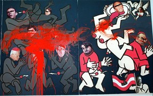 Artikelbild: "Apokalypse/Keinen Keks Heute" unmittelbar nach der Farbattacke. Das Bild wurde vor seiner nun erfolgten erstmaligen
Wiederpräsentation nicht restauriert, doch vom Künstler adaptiert:
Die roten Farbspuren sind weiterhin zu sehen. Dafür prangt nun das
Konterfei von MAK-Direktor Peter Noever auf einer der zentralen
Figuren. Noever zeigte sich am Dienstag "überrascht". - Foto: APA / Mutzger
