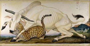Artikelbild: Kampf und Kopulation: "Chingado"zeigt einen spanischen Bullen, der einen
 mexikanischen Jaguar vergewaltigt. Ford: "Die begatten sich, um Mexiko 
zu erschaffen."  - Foto: Ford / Kasmin Gallery