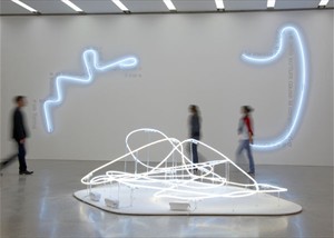 Artikelbild: Sich unter Regeln windende Sätze ("Il messaggio cifrato" , 2009) und
 "Die unendliche Falte"  (2007):Arbeiten von Brigitte Kowanz in der 
Ausstellung "Now I see" . - Foto: Mumok