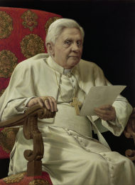 Ein würdiger, aber doch 
auch ein suchender Mensch:
Papst Benedikt XVI. auf dem Porträt von Michael Triegel aus dem Jahr 
2010. Foto: VG Bild-Kunst Bonn, 2010