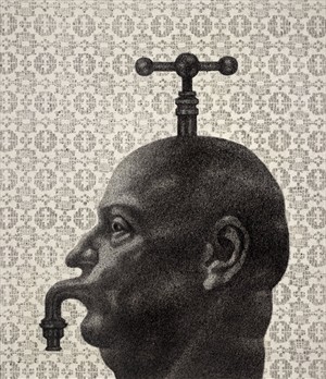 Artikelbild: Satirischer Schädel von Florentina Pakosta: "Wasserleitungskopf" in 
Schablonentechnik (1982) aus dem Besitz der Albertina.  - Foto: VBK Wien, 2011