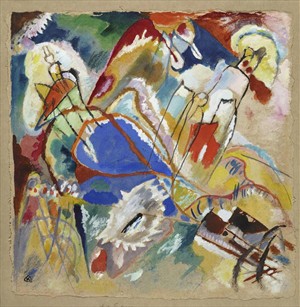 Artikelbild: Wassily Kandinskys Entwurf zu "Improvisation 30 (Kanonen)" von 1913: ein intensives Blatt, dessen Farben (Gouache, Aquarell, Tusche und Kreide) und Linien den Eindruck großer Lautstärke vermitteln. Es scheint geradezu eine Komposition von Arnold Schönberg zu visualisieren. - Foto: Albertina,  © VBK Wien, 2011