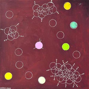 Artikelbild: Vektoren und Mathematik lässt Oswald Oberhuber, der heuer seinen 80. Geburtstag feierte, auf Planeten treffen: "Mond und Mond" (2009).  - Foto: Galerie Altnöder