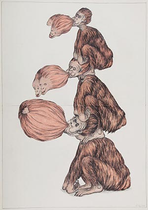 Foto: Galerie Michaela Stock Artikelbild: Wie wird man die beherrschenden Dämonen wieder los? Michael Nitsches
übereinandergetürmte Affen geben ihrem
Lebensatem
Gestalt, gebären ihre Monster (Zeichnung 2010/11). - Foto: Galerie Michaela Stock
