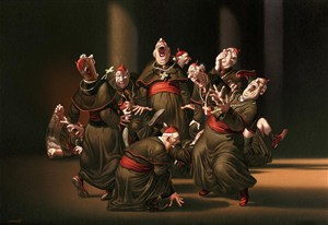 Artikelbild: Froh zu sein bedarf es wenig: Gerhard Haderers "Die fröhlichen Priester" 
(2010) im Linzer Lentos. - Foto: Haderer