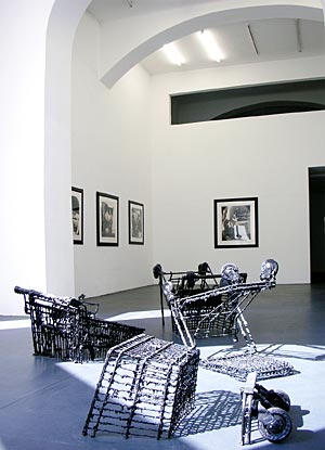 Artikelbild: In der Galerie empfängt den Besucher ein Friedhof der Einkaufswagen, 
halb 
abgesoffene Symbole des Konsums: Eine "Never Ending Story" (2011) von 
Clemens 
Wolf. - Foto: Galerie Steinek