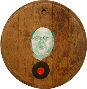 Artikelbild: Tex Rubinowitz kreierte einen naiven Maler, der die "Singing Sculptures"
 auf 
Krautfassdeckeln verewigt, die irgendwie an Vinylscheiben erinnern. - Foto: Galerie König