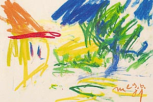 Foto: Galerie Weihergut Artikelbild: Ein Tumult der Farben mit gegenständlichen Hinweisen: eine Arbeit von
Otto Muehl ohne Titel (Gouache auf Papier, 1981). - Foto: Galerie Weihergut