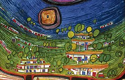 Hundertwasser, wie man ihn kennt: „Die Häuser hängen an der Unterseite der Wiesen, 1971”. Hundertwasser, wie man ihn kennt: „Die Häuser hängen an der Unterseite der Wiesen, 1971”.