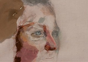 Artikelbild: Ein Ausschnitt eines der zerbrechlich wirkenden 
Frauenporträts, die Emily Hines malt und - mit Stoffresten und 
Stecknadeln - steckt.  - Foto: Werkstadt Graz