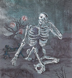 Artikelbild: Jörg Immendorff gefangen vom Skelett des Todes: Ein Künstler, der die 
Kontrolle über seine Kunst in den letzten Lebensjahren an seine 
Assistenten abgeben musste. - Foto: © The Estate of Jörg Immendorff, Courtesy Galerie Michael Werner Märkisch Wilmersdorf, Köln & New York / Mischa Nawrata, Wien 