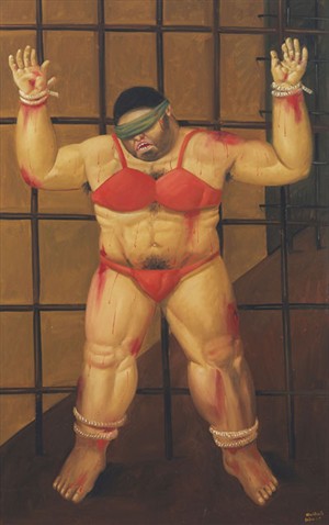Foto: Bank Austria Kunstforum Artikelbild: Gepeinigt und gedemütigt:"Abu Ghraib 47" (2005)."Diese Bilder
resultieren aus der Empörung, die die Gewalt im Irak in mir und dem Rest
der Welt ausgelöst hat", so Fernando Botero. - Foto: Bank Austria Kunstforum